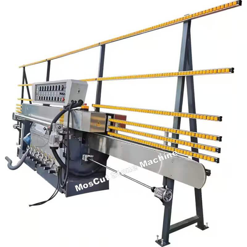 Heavy-duty long roller extension rack for supporting large stone slabs on a vertical edge polisher